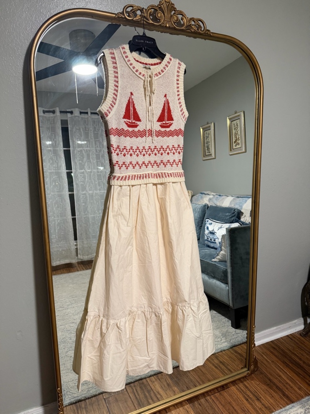 Anthropologie Cream Midi Skirt with Red Sailboat Knit Tank moon river sz L